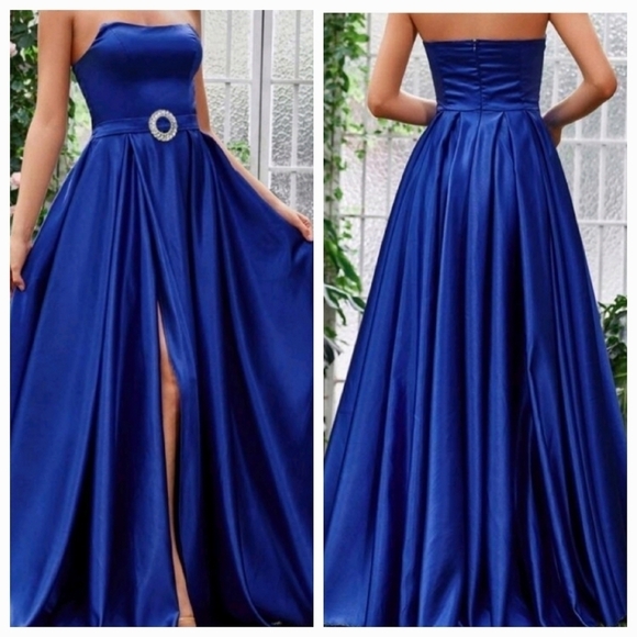 Dresses & Skirts - Royal Blue Satin, Strapless,  Sleeveless,  Slit Thigh Gown